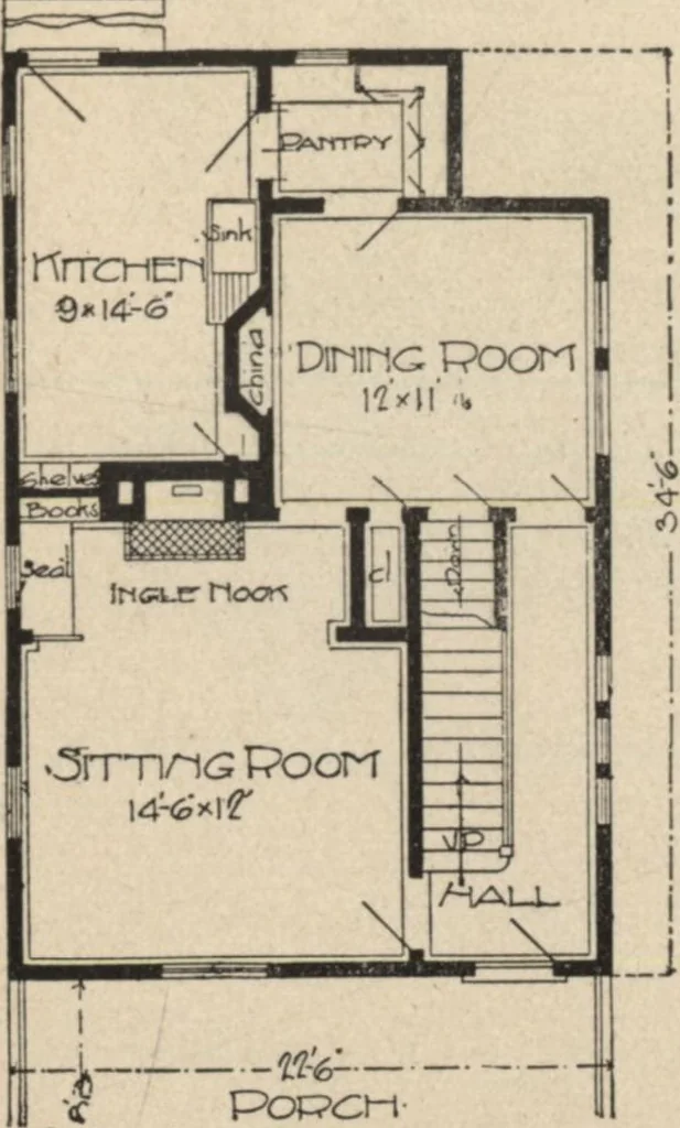 An illustration from Modern house building: perspective views and floor plans of fifty low and medium priced houses, 1905, leaf 34