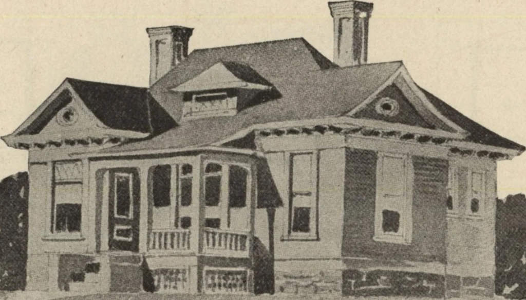 An illustration from Modern house building: perspective views and floor plans of fifty low and medium priced houses, 1905, leaf 47