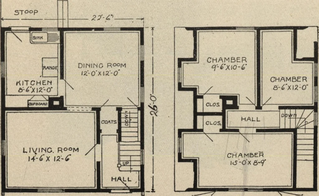 An illustration from Modern house building: perspective views and floor plans of fifty low and medium priced houses, 1905, leaf 58