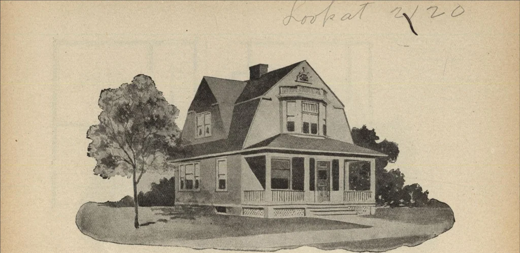 An illustration from Modern house building: perspective views and floor plans of fifty low and medium priced houses, 1905, leaf 59