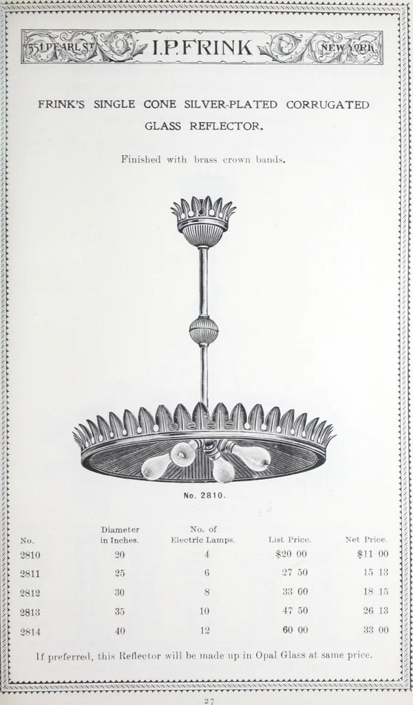 An illustration from Frink's patent reflectors for electric and combination fixtures : for lighting churches, halls, banks ..., 1898, leaf 28