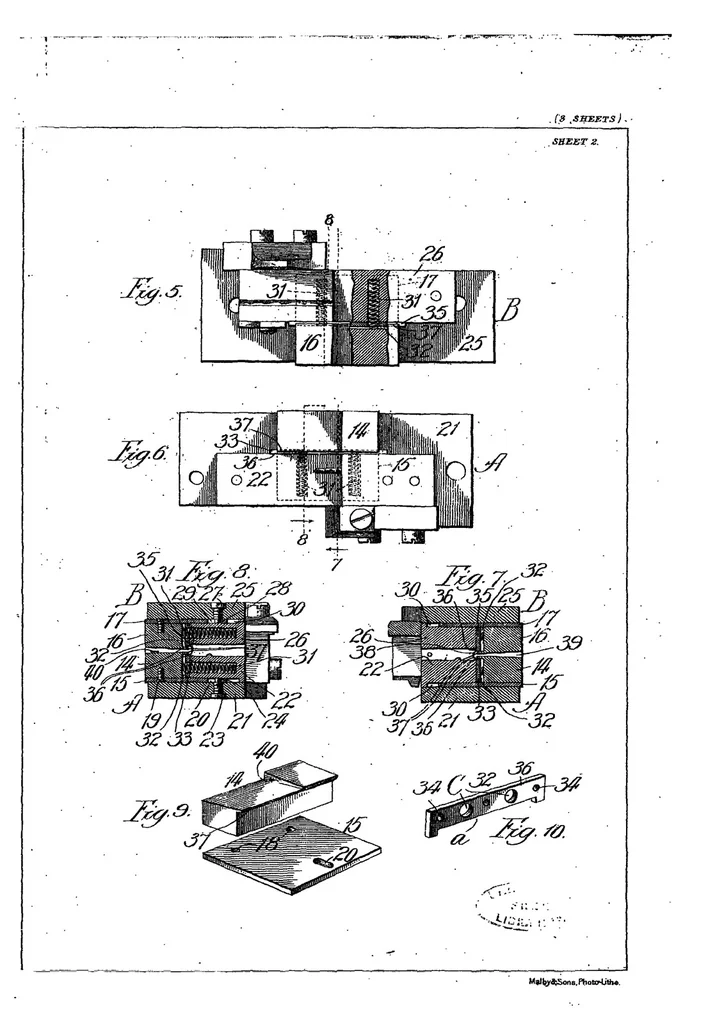 An illustration from GB Patent 11,914 of 1906, Type and Other Metal Casting Moulds, 1906, leaf 5