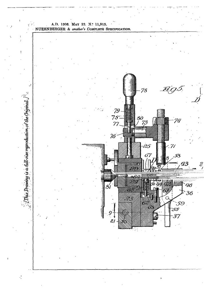 An illustration from GB Patent 11,915 of 1906, Type Casting Machine, 1906, leaf 12