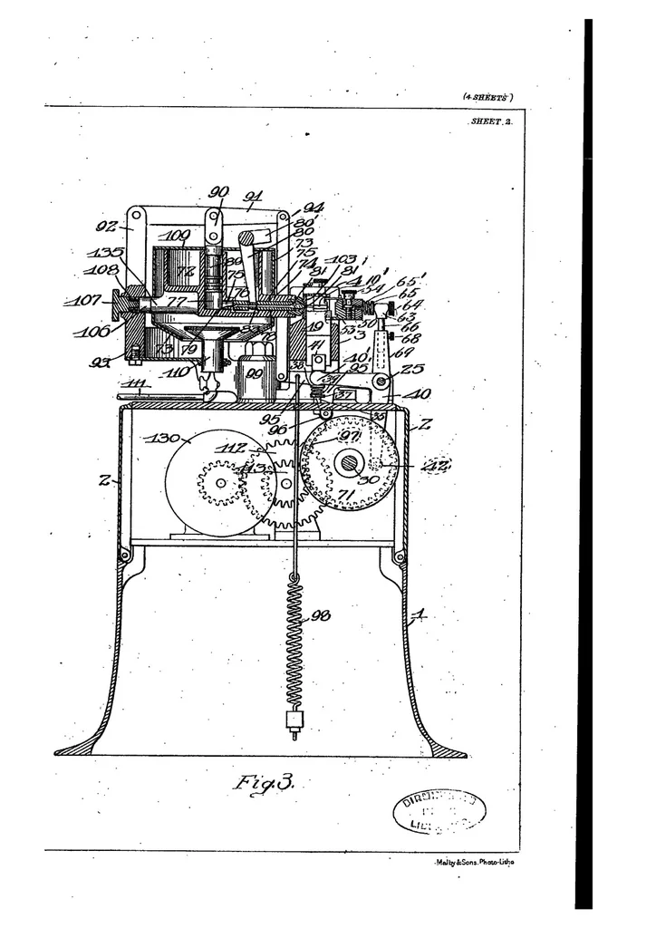 An illustration from British Patent No. 6523 of 1908, Improvements in Type and Other Metal Cating Machines, 1908, leaf 11