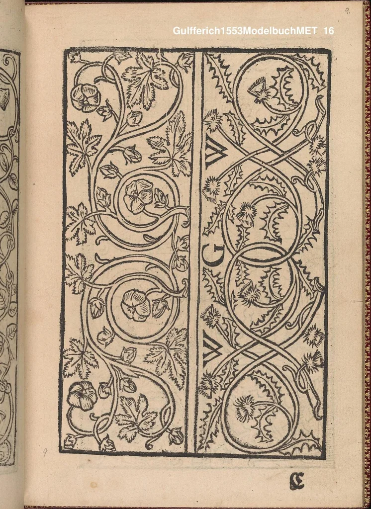 An illustration from Modelbuch new aller art nehens und stickens. Jetzundt wider mit viel schoenen moedelen unnd stahlen, allen steinmetzen, schreinern, seidenstickern und nederinnen, sehr nuetzlich und luestig zugericht, 1553, leaf 15