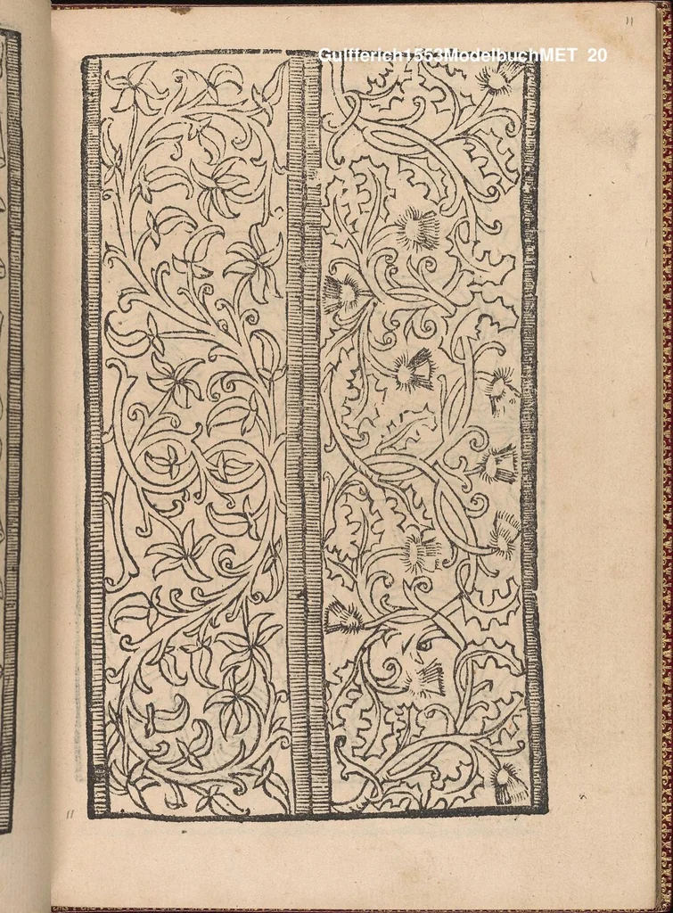 An illustration from Modelbuch new aller art nehens und stickens. Jetzundt wider mit viel schoenen moedelen unnd stahlen, allen steinmetzen, schreinern, seidenstickern und nederinnen, sehr nuetzlich und luestig zugericht, 1553, leaf 19
