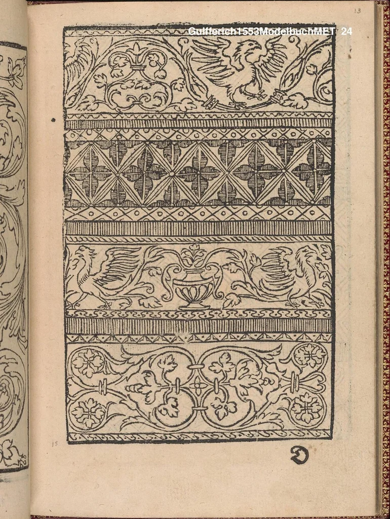 An illustration from Modelbuch new aller art nehens und stickens. Jetzundt wider mit viel schoenen moedelen unnd stahlen, allen steinmetzen, schreinern, seidenstickern und nederinnen, sehr nuetzlich und luestig zugericht, 1553, leaf 23