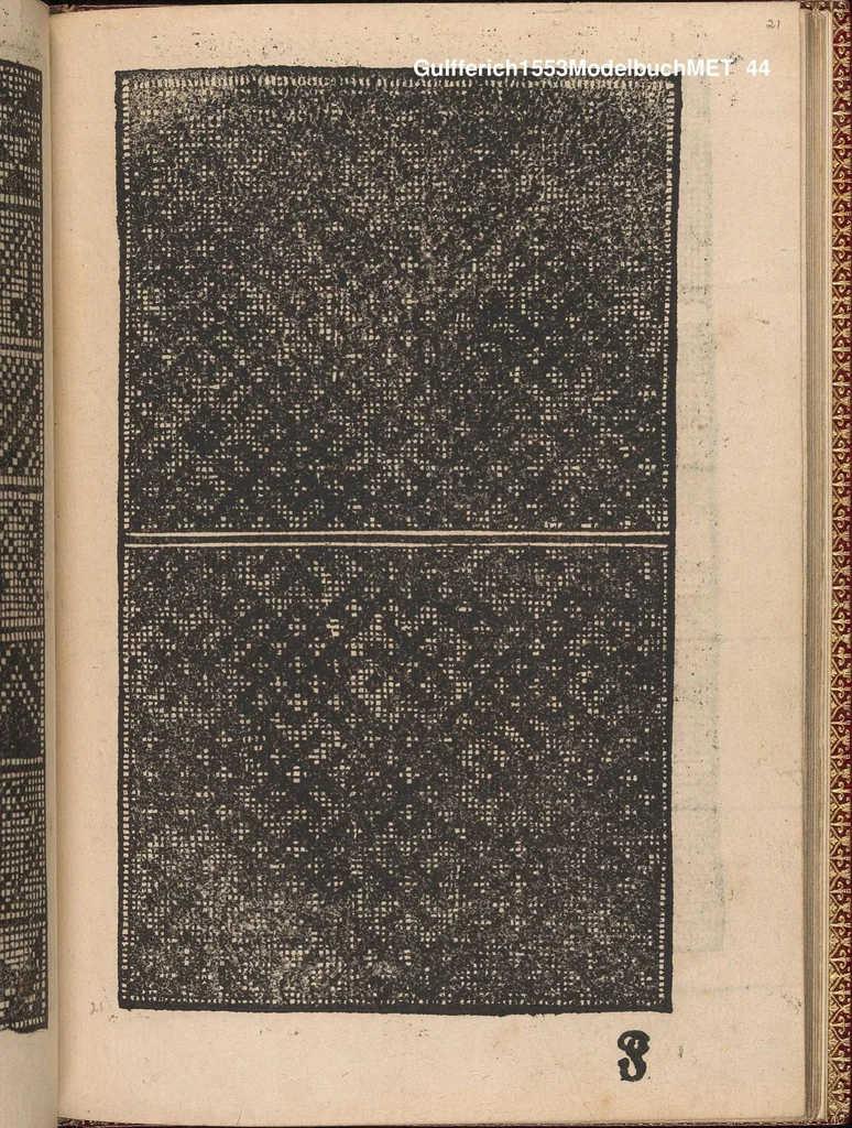 An illustration from Modelbuch new aller art nehens und stickens. Jetzundt wider mit viel schoenen moedelen unnd stahlen, allen steinmetzen, schreinern, seidenstickern und nederinnen, sehr nuetzlich und luestig zugericht, 1553, leaf 43