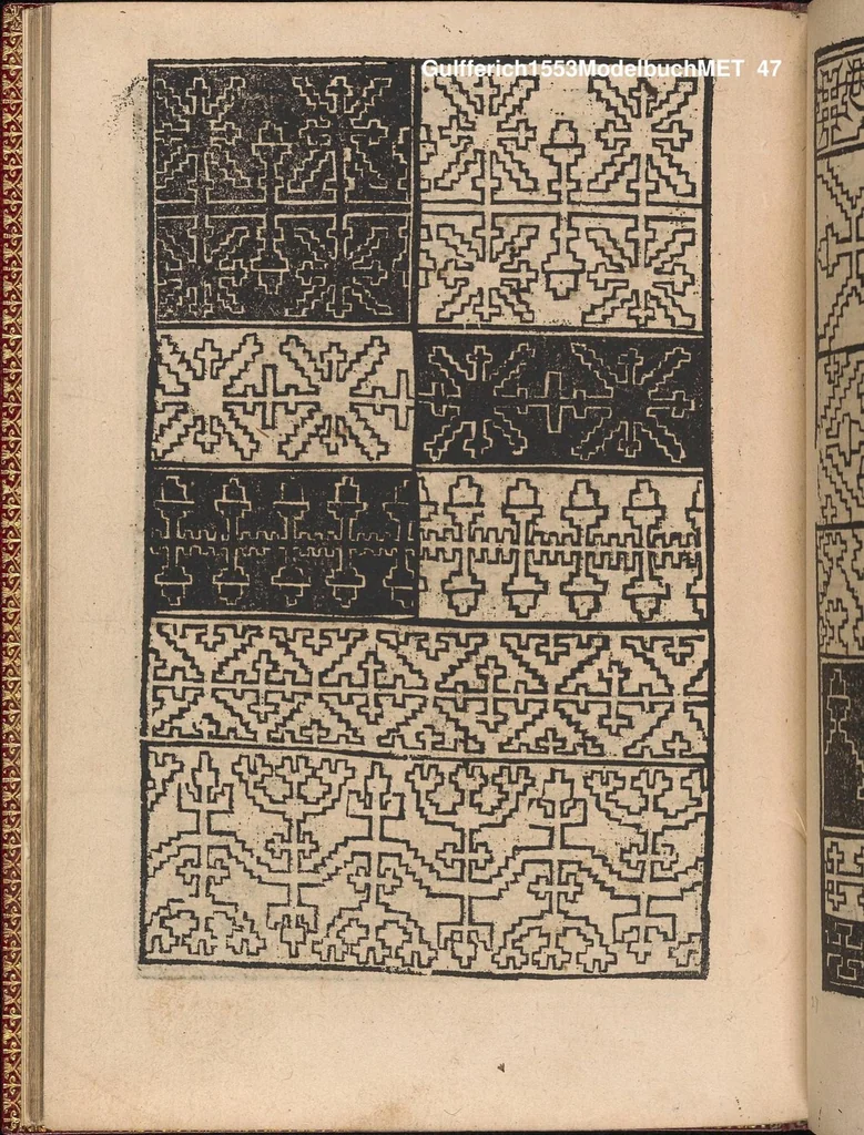 An illustration from Modelbuch new aller art nehens und stickens. Jetzundt wider mit viel schoenen moedelen unnd stahlen, allen steinmetzen, schreinern, seidenstickern und nederinnen, sehr nuetzlich und luestig zugericht, 1553, leaf 46