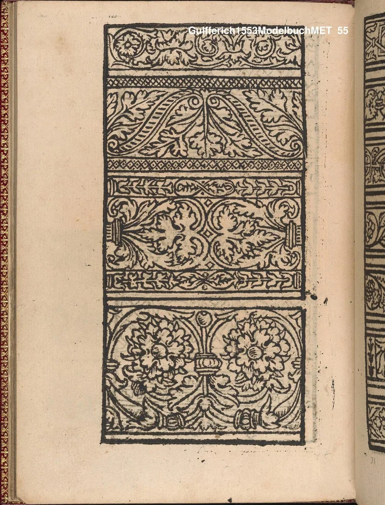 An illustration from Modelbuch new aller art nehens und stickens. Jetzundt wider mit viel schoenen moedelen unnd stahlen, allen steinmetzen, schreinern, seidenstickern und nederinnen, sehr nuetzlich und luestig zugericht, 1553, leaf 54