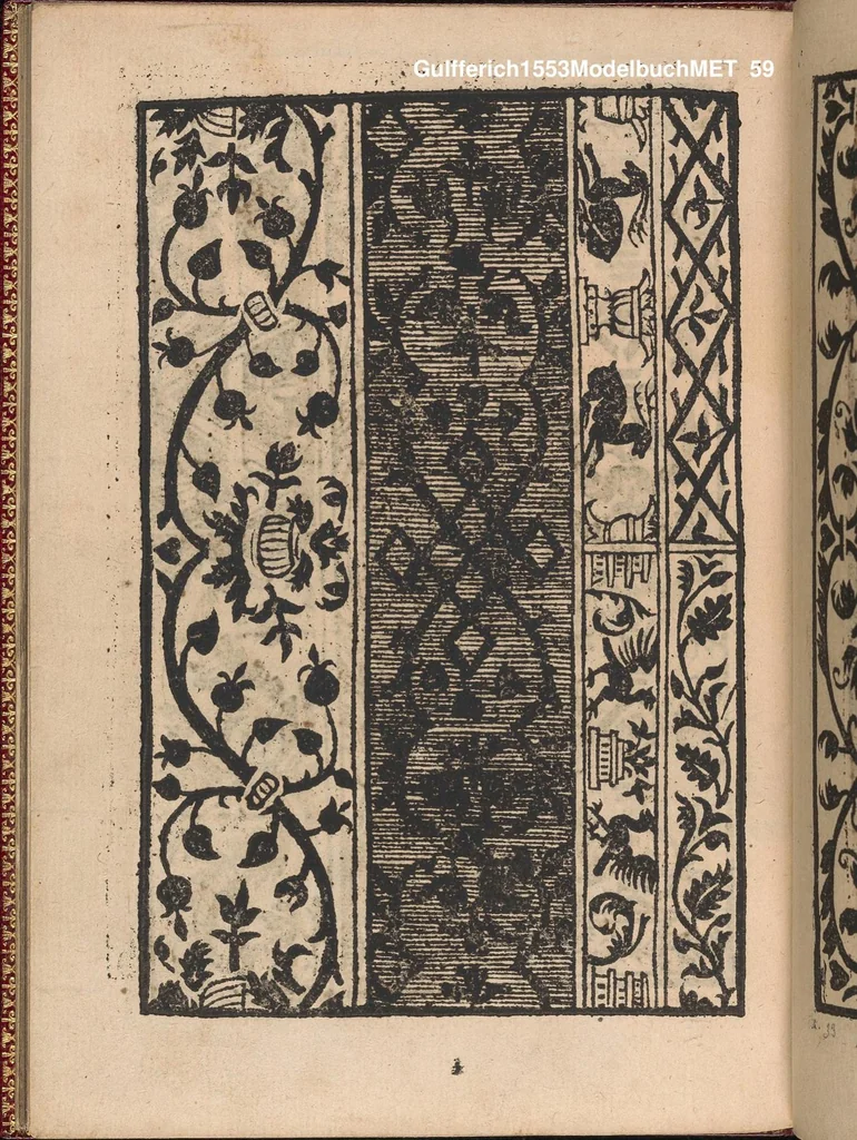 An illustration from Modelbuch new aller art nehens und stickens. Jetzundt wider mit viel schoenen moedelen unnd stahlen, allen steinmetzen, schreinern, seidenstickern und nederinnen, sehr nuetzlich und luestig zugericht, 1553, leaf 58