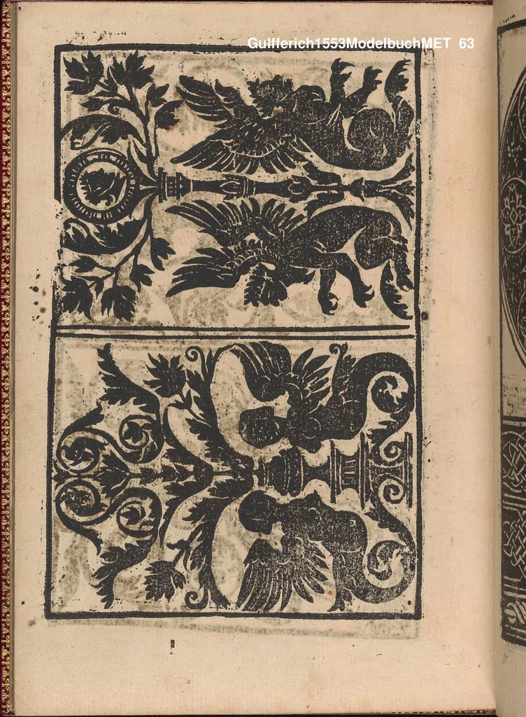 An illustration from Modelbuch new aller art nehens und stickens. Jetzundt wider mit viel schoenen moedelen unnd stahlen, allen steinmetzen, schreinern, seidenstickern und nederinnen, sehr nuetzlich und luestig zugericht, 1553, leaf 62