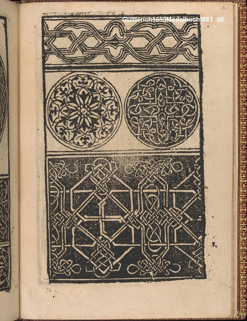 An illustration from Modelbuch new aller art nehens und stickens. Jetzundt wider mit viel schoenen moedelen unnd stahlen, allen steinmetzen, schreinern, seidenstickern und nederinnen, sehr nuetzlich und luestig zugericht, 1553, leaf 65
