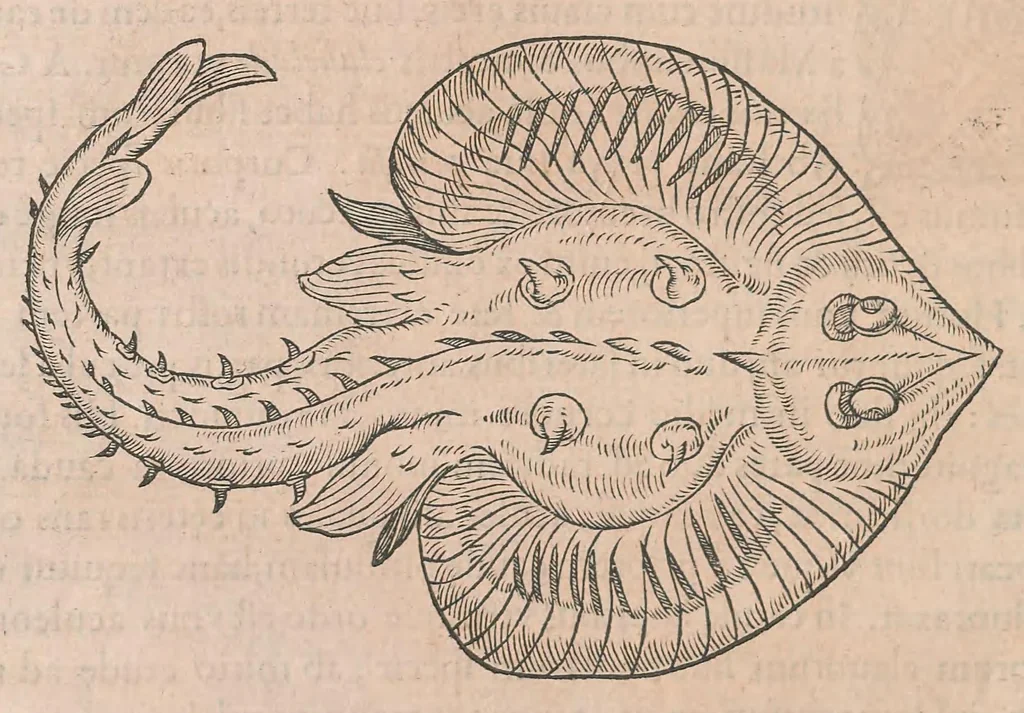 An illustration from Gulielmi Rondeletii doctoris Medici et medicinae ... Libri de piscibus marinis : in quibus veræ piscium effigies expressae sunt : quæ in tota piscium historia continentur, indicat elenchus pagina nona et decima : postremo accesserunt indices necessarij, 1554, leaf 374