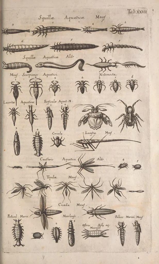 An illustration from Historiae naturalis de quadrupetibus libri : cum aeneis figuris; [Historiae naturalis de serpentibus libri II ; Historiae naturalis de insectis libri III ; Historiae naturalis de exanguibus aquaticis libri IV ; Historiae naturalis de piscibus et cetis libri V ; Historiae naturalis de avibus libri VI], 1650, leaf 1058