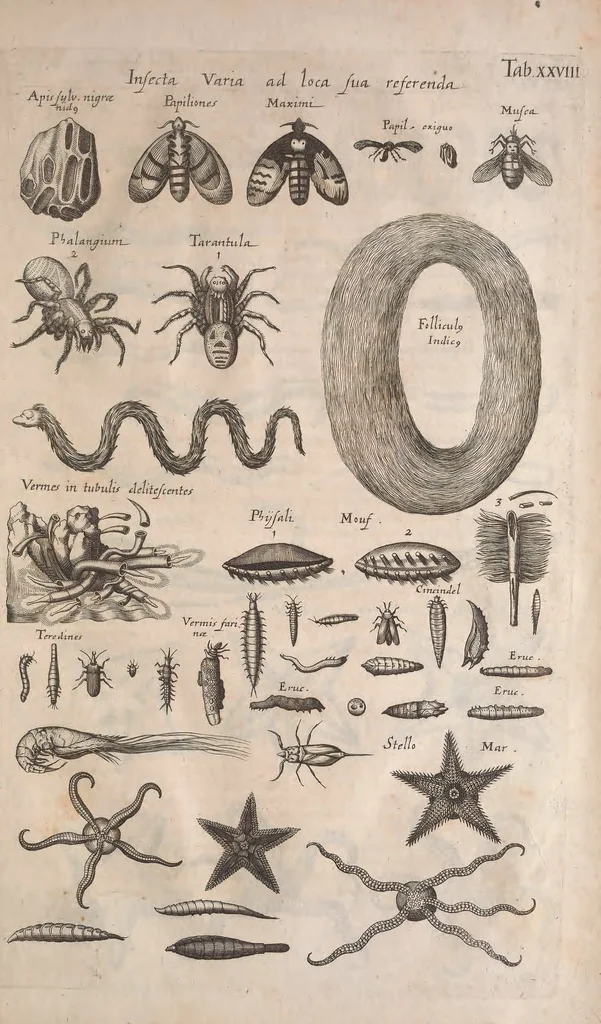 An illustration from Historiae naturalis de quadrupetibus libri : cum aeneis figuris; [Historiae naturalis de serpentibus libri II ; Historiae naturalis de insectis libri III ; Historiae naturalis de exanguibus aquaticis libri IV ; Historiae naturalis de piscibus et cetis libri V ; Historiae naturalis de avibus libri VI], 1650, leaf 1066