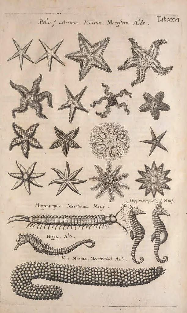 An illustration from Historiae naturalis de quadrupetibus libri : cum aeneis figuris; [Historiae naturalis de serpentibus libri II ; Historiae naturalis de insectis libri III ; Historiae naturalis de exanguibus aquaticis libri IV ; Historiae naturalis de piscibus et cetis libri V ; Historiae naturalis de avibus libri VI], 1650, leaf 1074