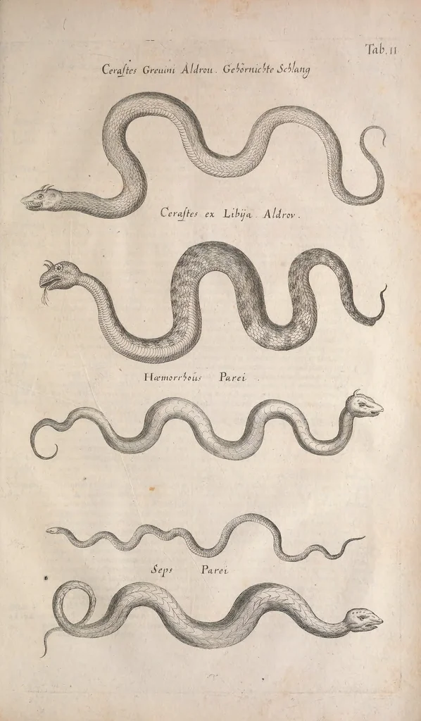 An illustration from Historiae naturalis de quadrupetibus libri : cum aeneis figuris; [Historiae naturalis de serpentibus libri II ; Historiae naturalis de insectis libri III ; Historiae naturalis de exanguibus aquaticis libri IV ; Historiae naturalis de piscibus et cetis libri V ; Historiae naturalis de avibus libri VI], 1650, leaf 1102