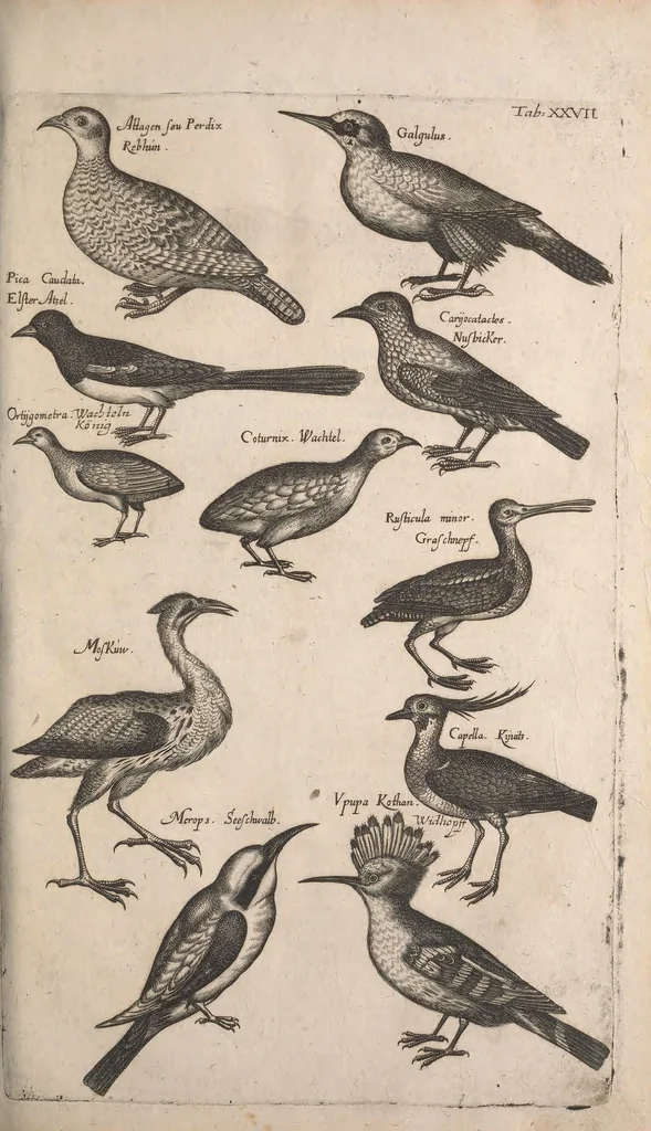 An illustration from Historiae naturalis de quadrupetibus libri : cum aeneis figuris; [Historiae naturalis de serpentibus libri II ; Historiae naturalis de insectis libri III ; Historiae naturalis de exanguibus aquaticis libri IV ; Historiae naturalis de piscibus et cetis libri V ; Historiae naturalis de avibus libri VI], 1650, leaf 120