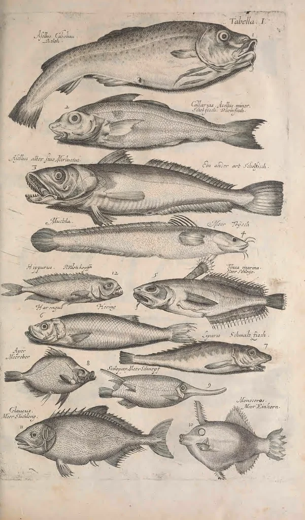 An illustration from Historiae naturalis de quadrupetibus libri : cum aeneis figuris; [Historiae naturalis de serpentibus libri II ; Historiae naturalis de insectis libri III ; Historiae naturalis de exanguibus aquaticis libri IV ; Historiae naturalis de piscibus et cetis libri V ; Historiae naturalis de avibus libri VI], 1650, leaf 374