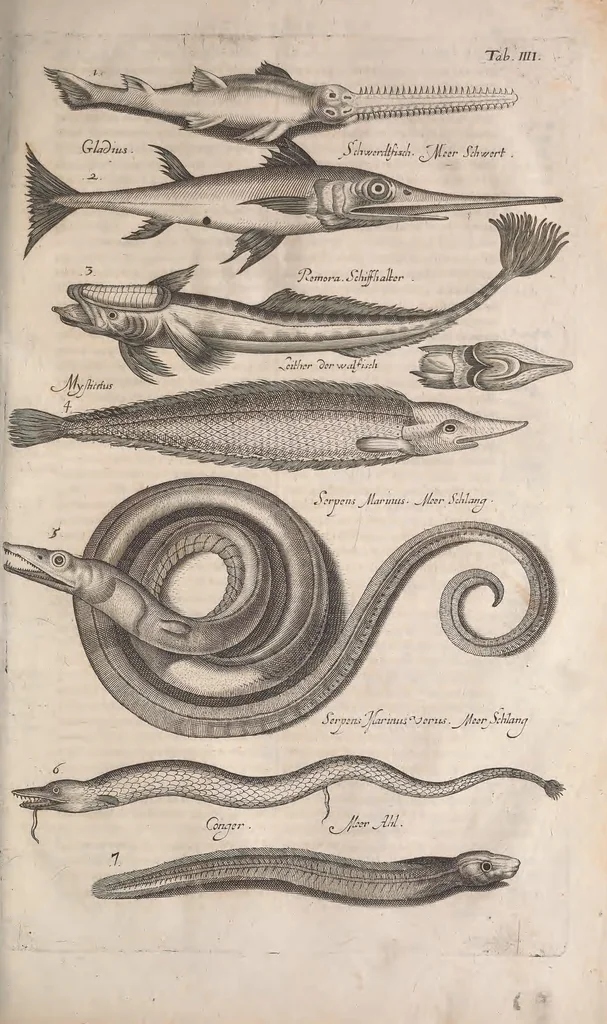 An illustration from Historiae naturalis de quadrupetibus libri : cum aeneis figuris; [Historiae naturalis de serpentibus libri II ; Historiae naturalis de insectis libri III ; Historiae naturalis de exanguibus aquaticis libri IV ; Historiae naturalis de piscibus et cetis libri V ; Historiae naturalis de avibus libri VI], 1650, leaf 388