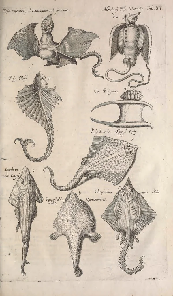 An illustration from Historiae naturalis de quadrupetibus libri : cum aeneis figuris; [Historiae naturalis de serpentibus libri II ; Historiae naturalis de insectis libri III ; Historiae naturalis de exanguibus aquaticis libri IV ; Historiae naturalis de piscibus et cetis libri V ; Historiae naturalis de avibus libri VI], 1650, leaf 424
