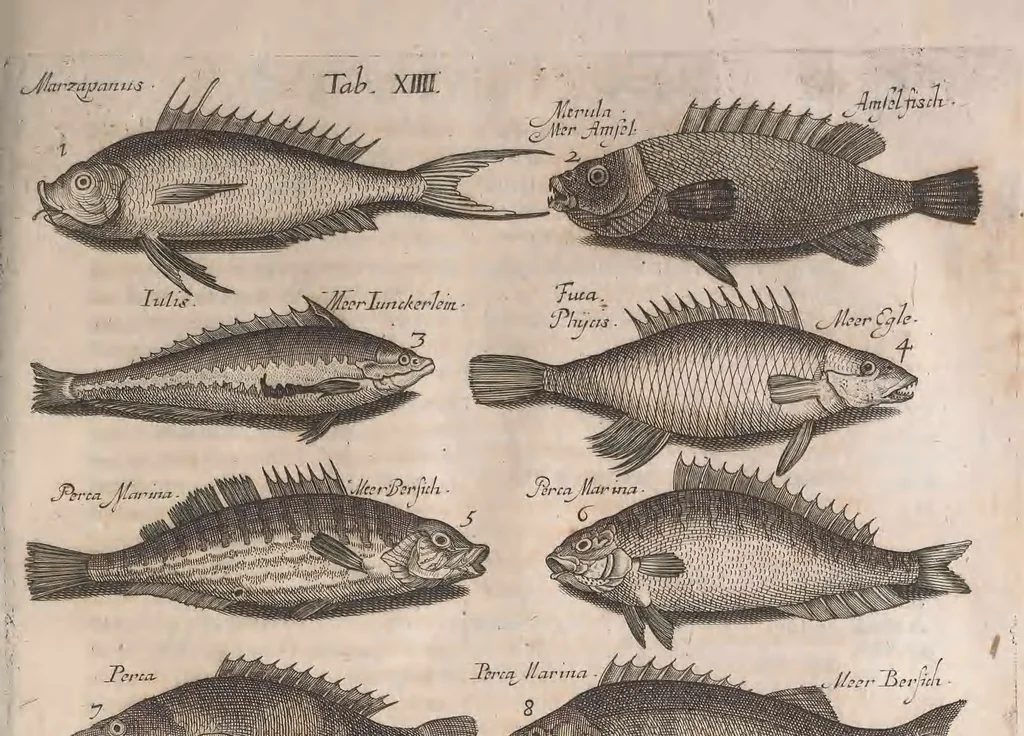 An illustration from Historiae naturalis de quadrupetibus libri : cum aeneis figuris; [Historiae naturalis de serpentibus libri II ; Historiae naturalis de insectis libri III ; Historiae naturalis de exanguibus aquaticis libri IV ; Historiae naturalis de piscibus et cetis libri V ; Historiae naturalis de avibus libri VI], 1650, leaf 438