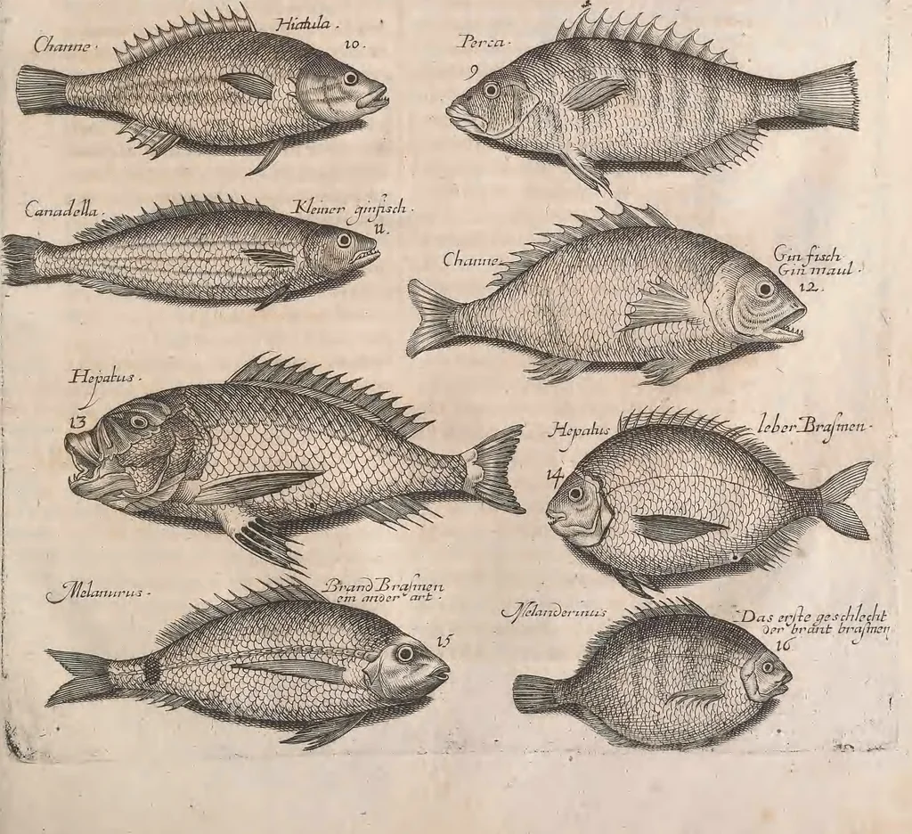 An illustration from Historiae naturalis de quadrupetibus libri : cum aeneis figuris; [Historiae naturalis de serpentibus libri II ; Historiae naturalis de insectis libri III ; Historiae naturalis de exanguibus aquaticis libri IV ; Historiae naturalis de piscibus et cetis libri V ; Historiae naturalis de avibus libri VI], 1650, leaf 438