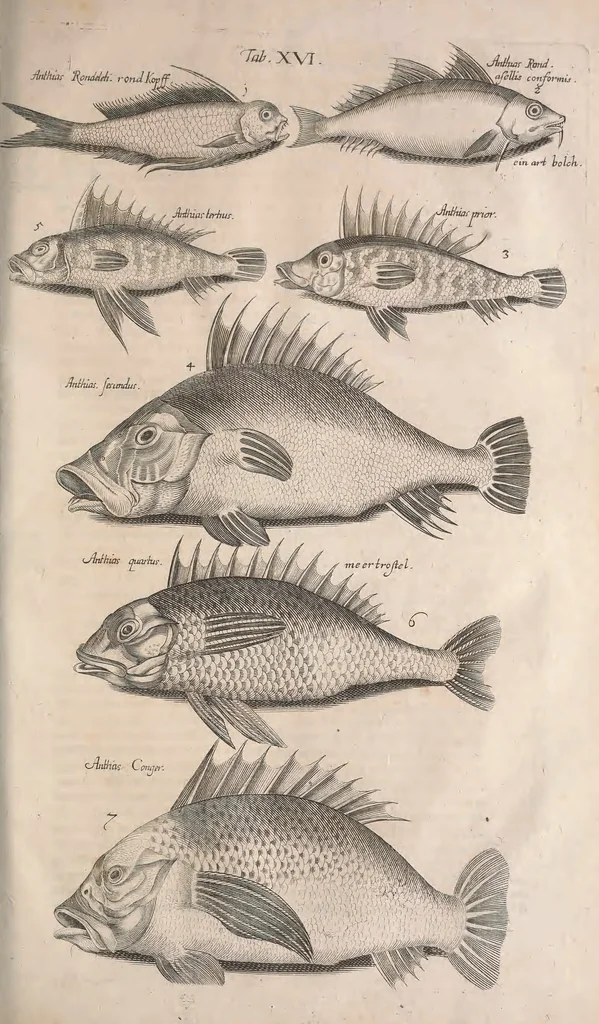 An illustration from Historiae naturalis de quadrupetibus libri : cum aeneis figuris; [Historiae naturalis de serpentibus libri II ; Historiae naturalis de insectis libri III ; Historiae naturalis de exanguibus aquaticis libri IV ; Historiae naturalis de piscibus et cetis libri V ; Historiae naturalis de avibus libri VI], 1650, leaf 448