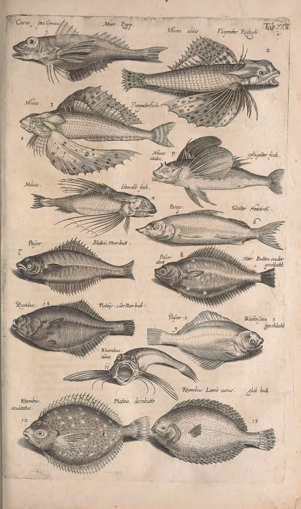 An illustration from Historiae naturalis de quadrupetibus libri : cum aeneis figuris; [Historiae naturalis de serpentibus libri II ; Historiae naturalis de insectis libri III ; Historiae naturalis de exanguibus aquaticis libri IV ; Historiae naturalis de piscibus et cetis libri V ; Historiae naturalis de avibus libri VI], 1650, leaf 506