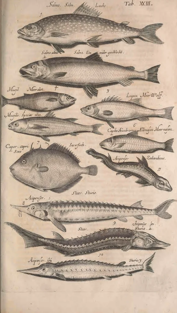 An illustration from Historiae naturalis de quadrupetibus libri : cum aeneis figuris; [Historiae naturalis de serpentibus libri II ; Historiae naturalis de insectis libri III ; Historiae naturalis de exanguibus aquaticis libri IV ; Historiae naturalis de piscibus et cetis libri V ; Historiae naturalis de avibus libri VI], 1650, leaf 516
