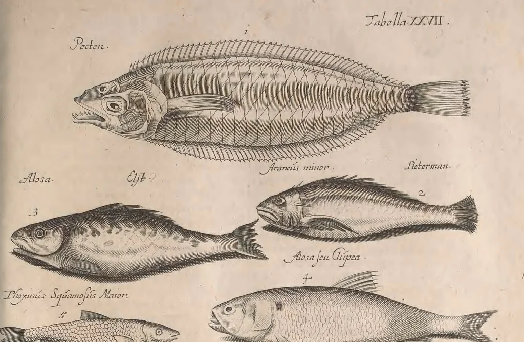 An illustration from Historiae naturalis de quadrupetibus libri : cum aeneis figuris; [Historiae naturalis de serpentibus libri II ; Historiae naturalis de insectis libri III ; Historiae naturalis de exanguibus aquaticis libri IV ; Historiae naturalis de piscibus et cetis libri V ; Historiae naturalis de avibus libri VI], 1650, leaf 568
