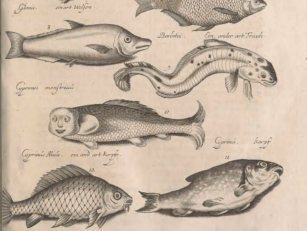 An illustration from Historiae naturalis de quadrupetibus libri : cum aeneis figuris; [Historiae naturalis de serpentibus libri II ; Historiae naturalis de insectis libri III ; Historiae naturalis de exanguibus aquaticis libri IV ; Historiae naturalis de piscibus et cetis libri V ; Historiae naturalis de avibus libri VI], 1650, leaf 568