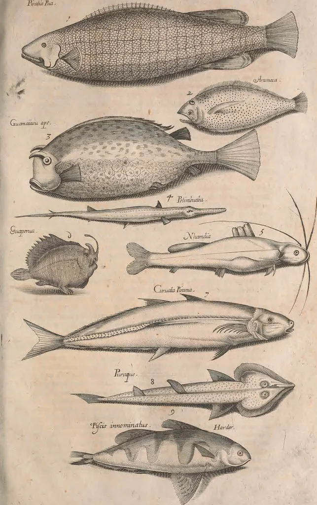 An illustration from Historiae naturalis de quadrupetibus libri : cum aeneis figuris; [Historiae naturalis de serpentibus libri II ; Historiae naturalis de insectis libri III ; Historiae naturalis de exanguibus aquaticis libri IV ; Historiae naturalis de piscibus et cetis libri V ; Historiae naturalis de avibus libri VI], 1650, leaf 636