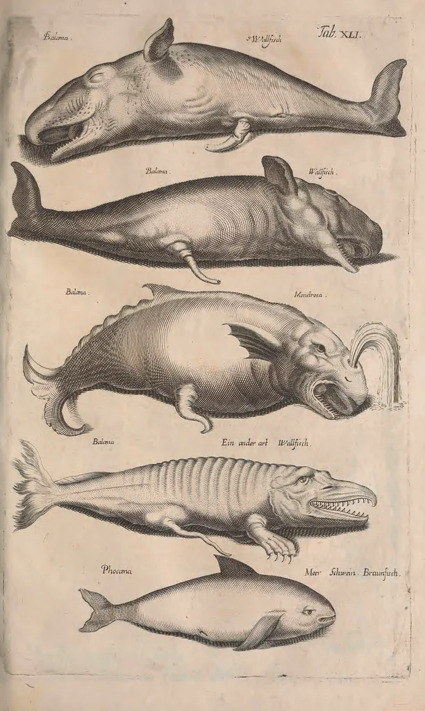 An illustration from Historiae naturalis de quadrupetibus libri : cum aeneis figuris; [Historiae naturalis de serpentibus libri II ; Historiae naturalis de insectis libri III ; Historiae naturalis de exanguibus aquaticis libri IV ; Historiae naturalis de piscibus et cetis libri V ; Historiae naturalis de avibus libri VI], 1650, leaf 662