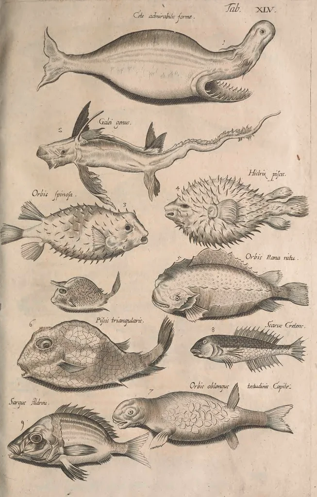 An illustration from Historiae naturalis de quadrupetibus libri : cum aeneis figuris; [Historiae naturalis de serpentibus libri II ; Historiae naturalis de insectis libri III ; Historiae naturalis de exanguibus aquaticis libri IV ; Historiae naturalis de piscibus et cetis libri V ; Historiae naturalis de avibus libri VI], 1650, leaf 680