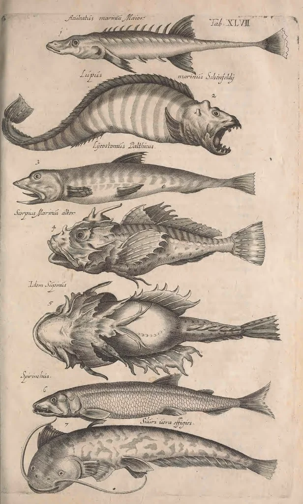 An illustration from Historiae naturalis de quadrupetibus libri : cum aeneis figuris; [Historiae naturalis de serpentibus libri II ; Historiae naturalis de insectis libri III ; Historiae naturalis de exanguibus aquaticis libri IV ; Historiae naturalis de piscibus et cetis libri V ; Historiae naturalis de avibus libri VI], 1650, leaf 684