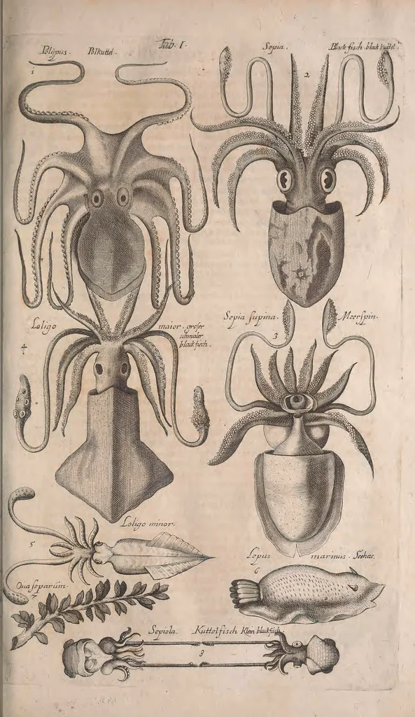 An illustration from Historiae naturalis de quadrupetibus libri : cum aeneis figuris; [Historiae naturalis de serpentibus libri II ; Historiae naturalis de insectis libri III ; Historiae naturalis de exanguibus aquaticis libri IV ; Historiae naturalis de piscibus et cetis libri V ; Historiae naturalis de avibus libri VI], 1650, leaf 692