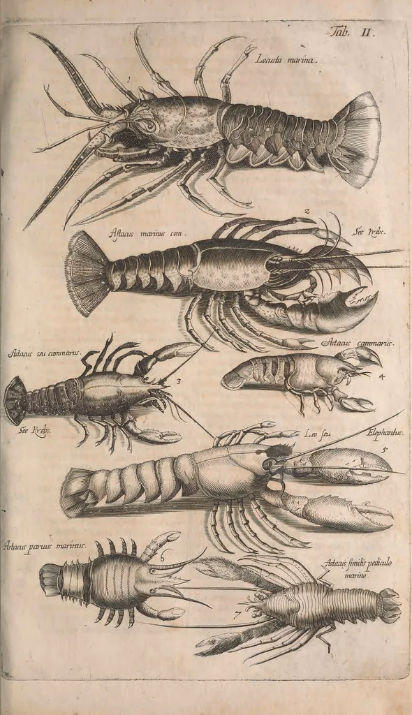 An illustration from Historiae naturalis de quadrupetibus libri : cum aeneis figuris; [Historiae naturalis de serpentibus libri II ; Historiae naturalis de insectis libri III ; Historiae naturalis de exanguibus aquaticis libri IV ; Historiae naturalis de piscibus et cetis libri V ; Historiae naturalis de avibus libri VI], 1650, leaf 704