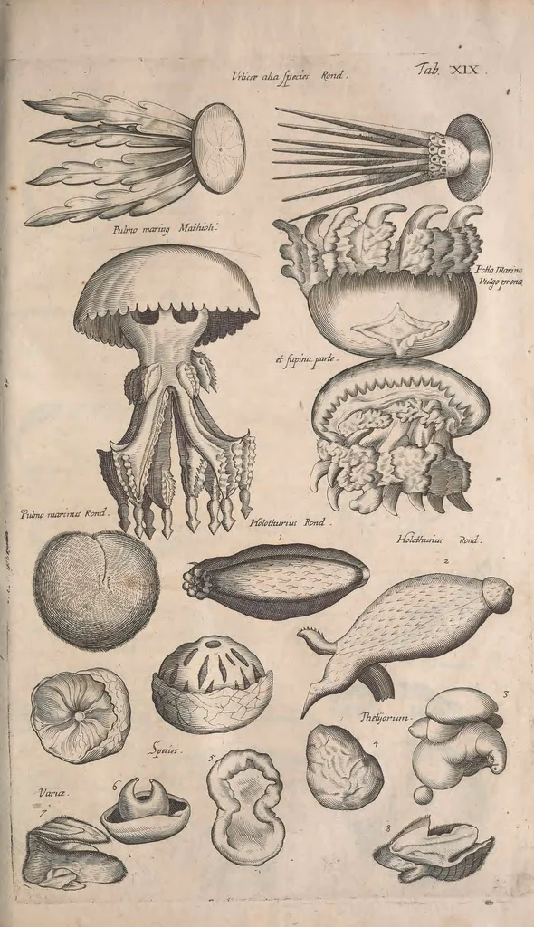 An illustration from Historiae naturalis de quadrupetibus libri : cum aeneis figuris; [Historiae naturalis de serpentibus libri II ; Historiae naturalis de insectis libri III ; Historiae naturalis de exanguibus aquaticis libri IV ; Historiae naturalis de piscibus et cetis libri V ; Historiae naturalis de avibus libri VI], 1650, leaf 798