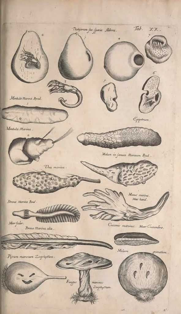An illustration from Historiae naturalis de quadrupetibus libri : cum aeneis figuris; [Historiae naturalis de serpentibus libri II ; Historiae naturalis de insectis libri III ; Historiae naturalis de exanguibus aquaticis libri IV ; Historiae naturalis de piscibus et cetis libri V ; Historiae naturalis de avibus libri VI], 1650, leaf 800