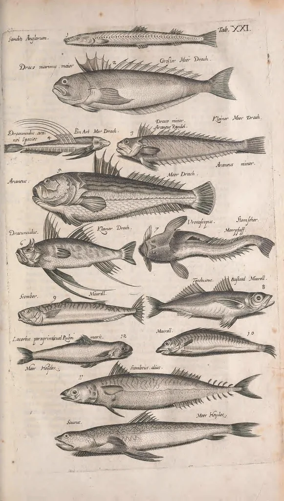 An illustration from Historiae naturalis de quadrupetibus libri : cum aeneis figuris; [Historiae naturalis de serpentibus libri II ; Historiae naturalis de insectis libri III ; Historiae naturalis de exanguibus aquaticis libri IV ; Historiae naturalis de piscibus et cetis libri V ; Historiae naturalis de avibus libri VI], 1650, leaf 137