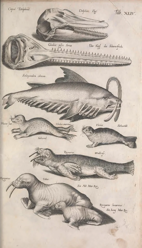 An illustration from Historiae naturalis de quadrupetibus libri : cum aeneis figuris; [Historiae naturalis de serpentibus libri II ; Historiae naturalis de insectis libri III ; Historiae naturalis de exanguibus aquaticis libri IV ; Historiae naturalis de piscibus et cetis libri V ; Historiae naturalis de avibus libri VI], 1650, leaf 313