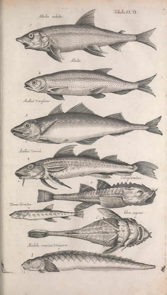 An illustration from Historiae naturalis de quadrupetibus libri : cum aeneis figuris; [Historiae naturalis de serpentibus libri II ; Historiae naturalis de insectis libri III ; Historiae naturalis de exanguibus aquaticis libri IV ; Historiae naturalis de piscibus et cetis libri V ; Historiae naturalis de avibus libri VI], 1650, leaf 317