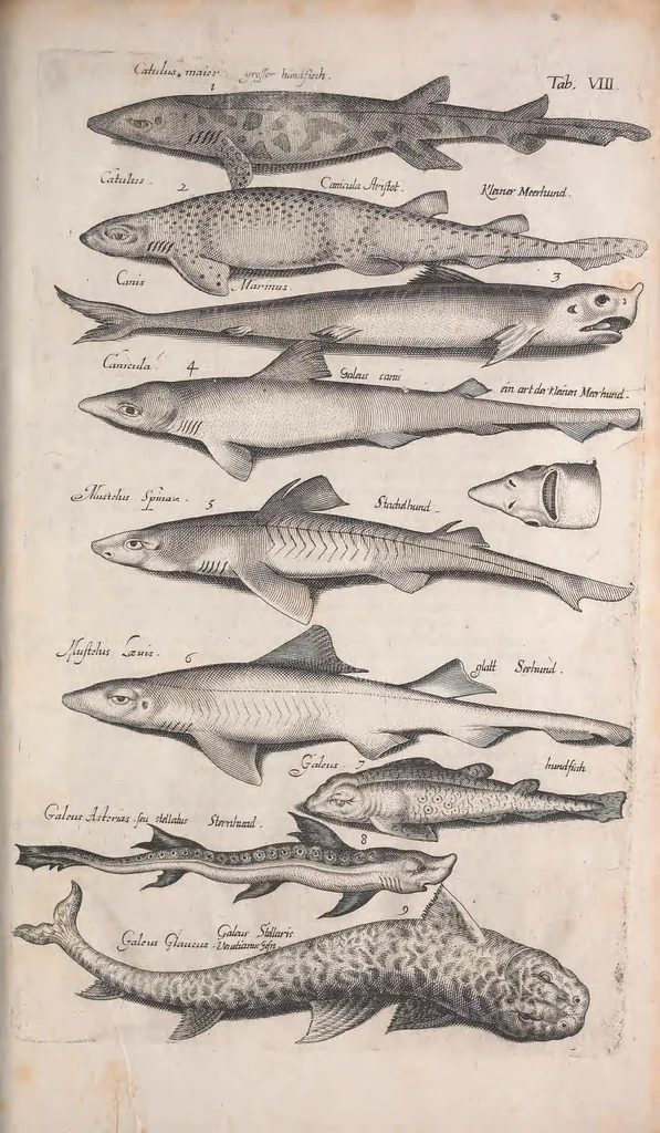 An illustration from Historiae naturalis de quadrupetibus libri : cum aeneis figuris; [Historiae naturalis de serpentibus libri II ; Historiae naturalis de insectis libri III ; Historiae naturalis de exanguibus aquaticis libri IV ; Historiae naturalis de piscibus et cetis libri V ; Historiae naturalis de avibus libri VI], 1650, leaf 43