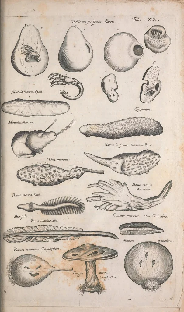 An illustration from Historiae naturalis de quadrupetibus libri : cum aeneis figuris; [Historiae naturalis de serpentibus libri II ; Historiae naturalis de insectis libri III ; Historiae naturalis de exanguibus aquaticis libri IV ; Historiae naturalis de piscibus et cetis libri V ; Historiae naturalis de avibus libri VI], 1650, leaf 441
