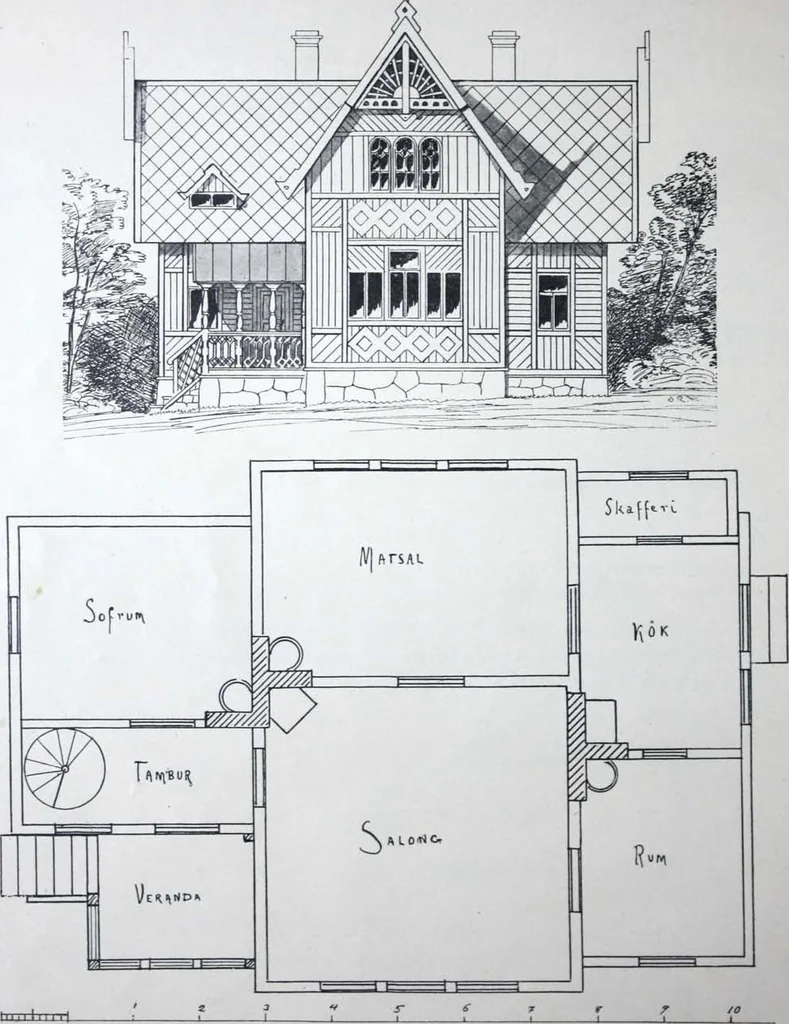 An illustration from How should I build comfortable: cheap and neatly? Villa buildings and private homes: Facade and plans to simpler villas along line costing in construction / af AT Stock Holm., 1907, leaf 11