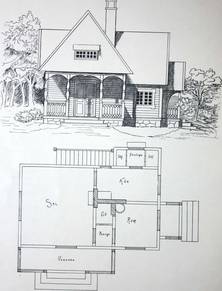 An illustration from How should I build comfortable: cheap and neatly? Villa buildings and private homes: Facade and plans to simpler villas along line costing in construction / af AT Stock Holm., 1907, leaf 31