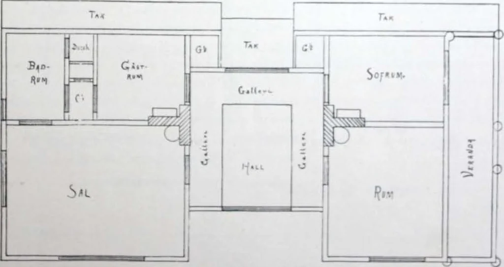 An illustration from How should I build comfortable: cheap and neatly? Villa buildings and private homes: Facade and plans to simpler villas along line costing in construction / af AT Stock Holm., 1907, leaf 44