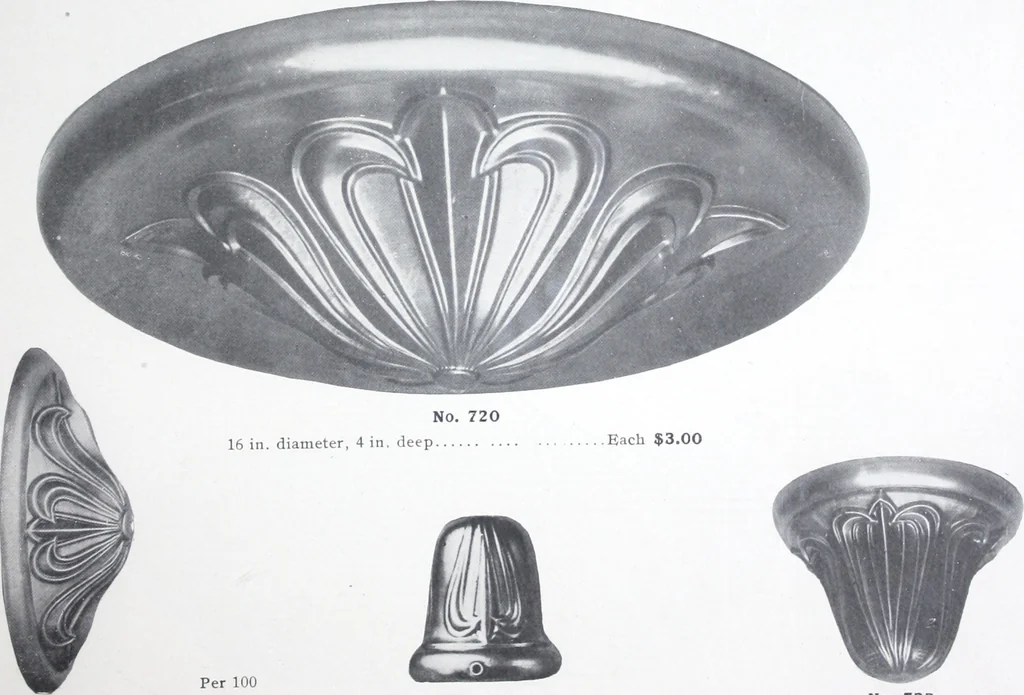An illustration from Illustrated catalog of ornamental spun and stamped shells and fittings for gas and electric fixtures manufactured by the Standard Metal Spinning Co., 1914, leaf 14